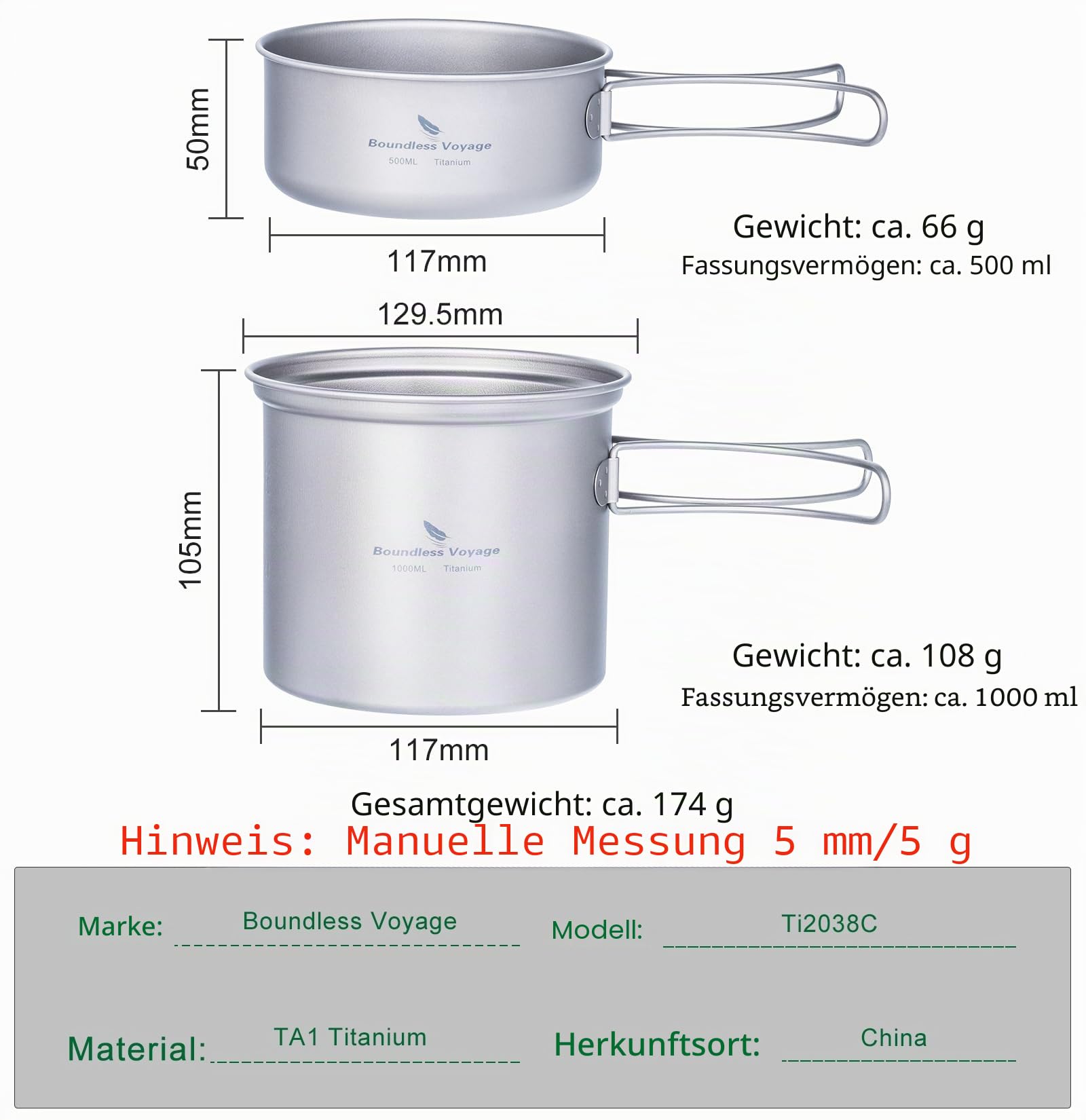 Boundless Voyage Leichtes Camping Pot Pan Kochset Backpacking Pot Camping Kochgeschirr-Kit für das Wandern Trekking Picknick Angeln Bergsteigen