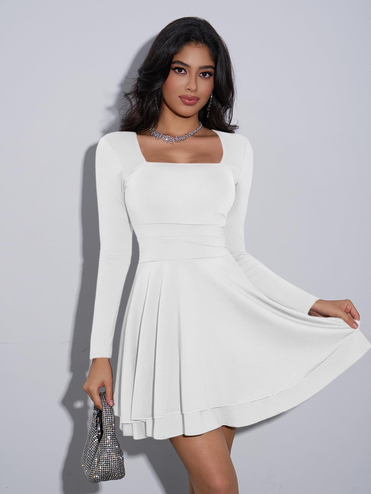Cicy Bell Robe à manches longues pour femme - Col carré - Ourlet à volants - Corset - Mini robe plissée - Courte et élégante - Moulante