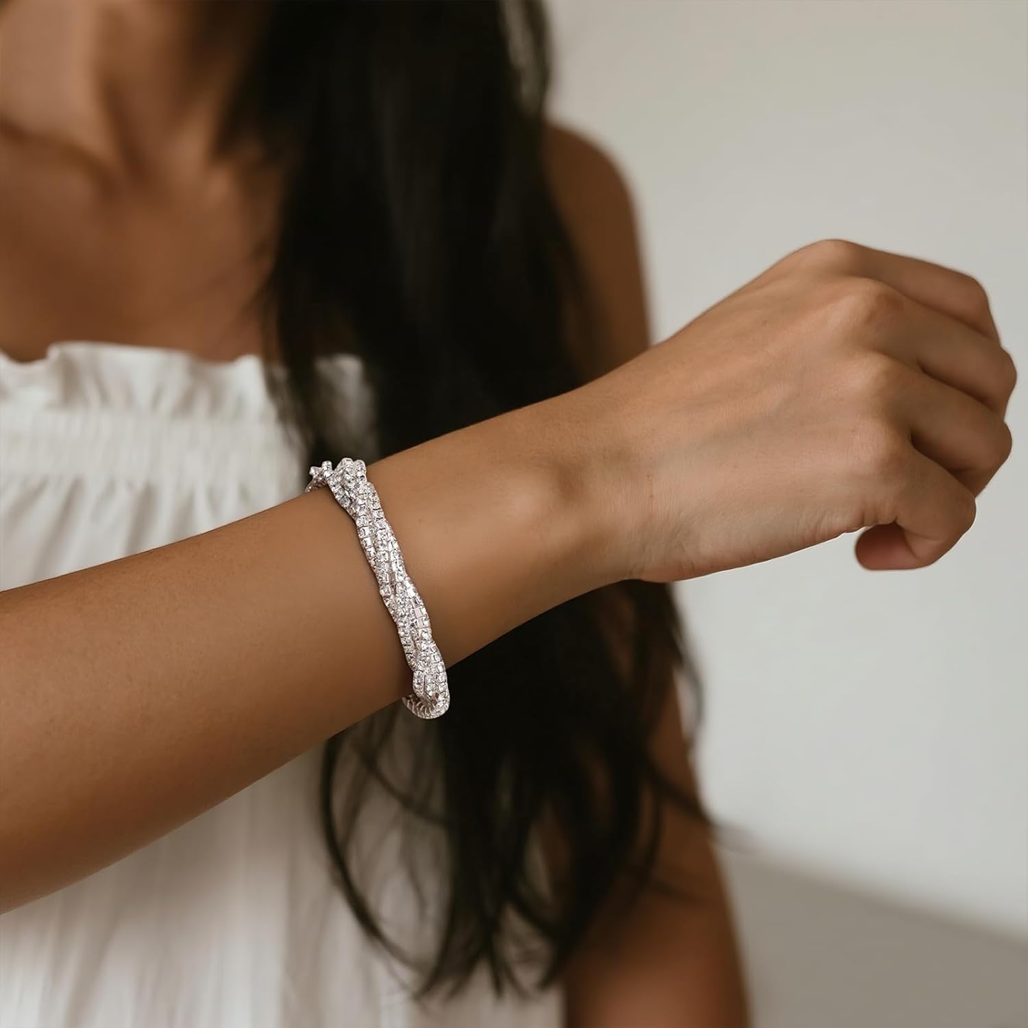 Silver Rhinestone Twisted Tennis Bracelets for Women, Dainty 5Pcs Sparkly CZ Stackable Stretchable Layered Bracelet Wedding Prom Accessories Jewelry Gift - Image 3