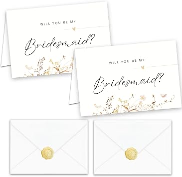 Will You Be My Bridesmaid Cards 2 Pack - Bridesmaid Proposal Cards with White Envelopes & Gold Hot Stamping Seals, Elegant Floral Calligraphy Bridal Party Wedding Stationery Gifts for Bridesmaids CF2B