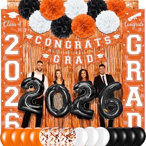 Image of Graduation Party Decorations Class of 2026, Graduation Decorations with Congrats Grad Banner Fringe Foil Curtain Paper Flower Ball Balloons for High School College Graduation Party Supplies, Orange