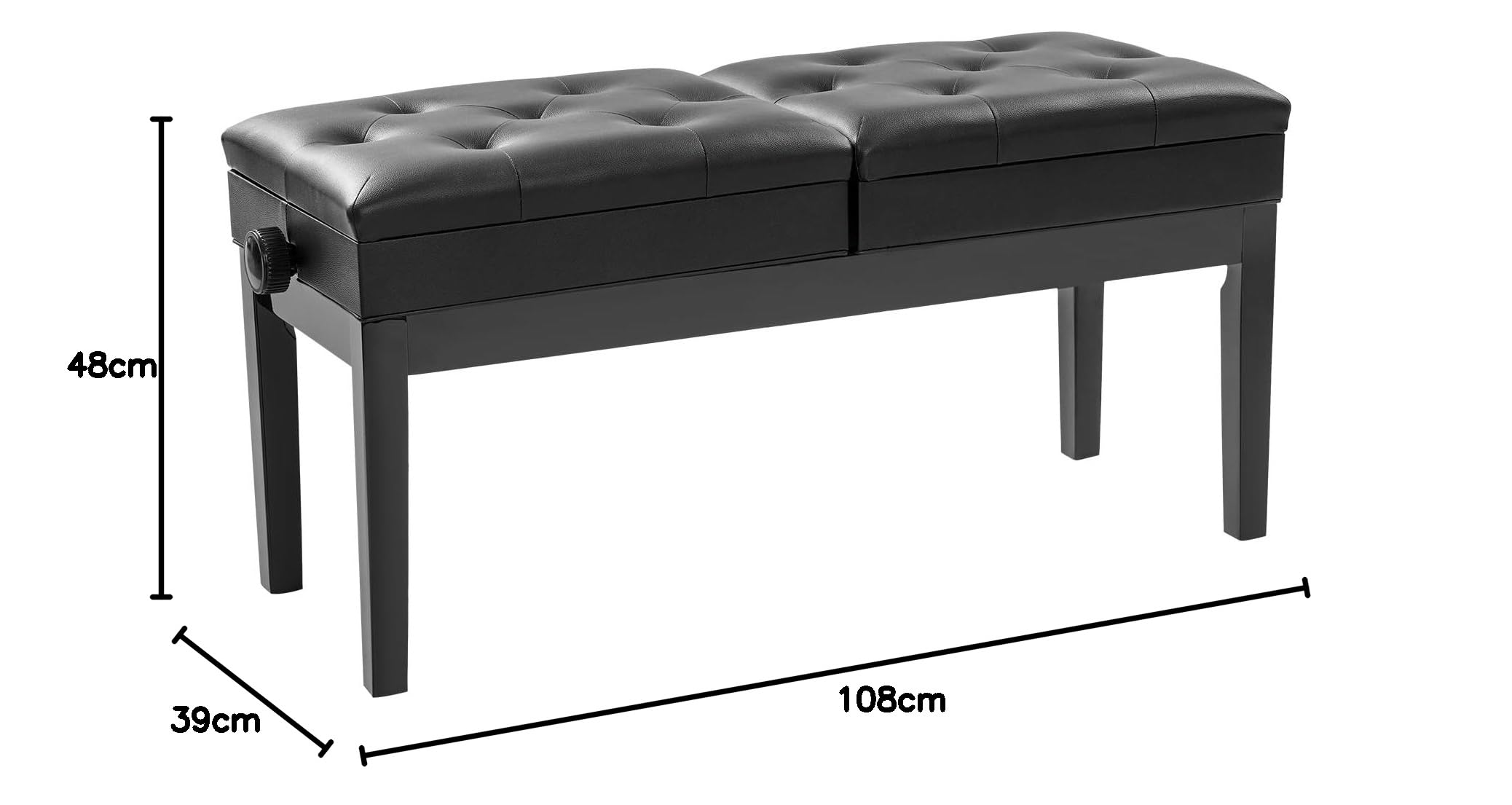Doppelsitzer Pianobank,108x39x48cm Klavierbank,Klavierhocker Höhenverstellbar 2 Personen,200KG Belastbar,Klavierstuhl mit Stauraum für Zu Hause,Schulen,Konzerten(Schwarz)