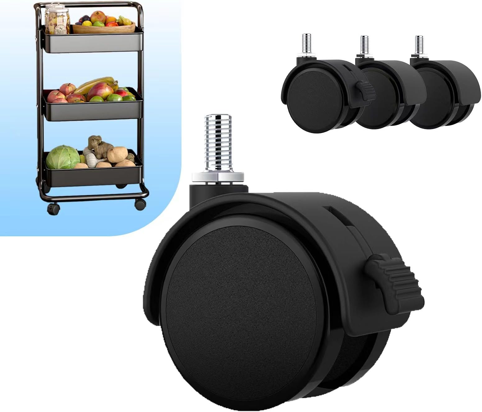 Replacement Wheels for Rolling Cart,Mute Rubber Rotating Rolling Wheels for Cart with Brake for Office Chair Game Chair,Rolling Cart Attachments 4PCS(Stem Diameter 1/4”), black