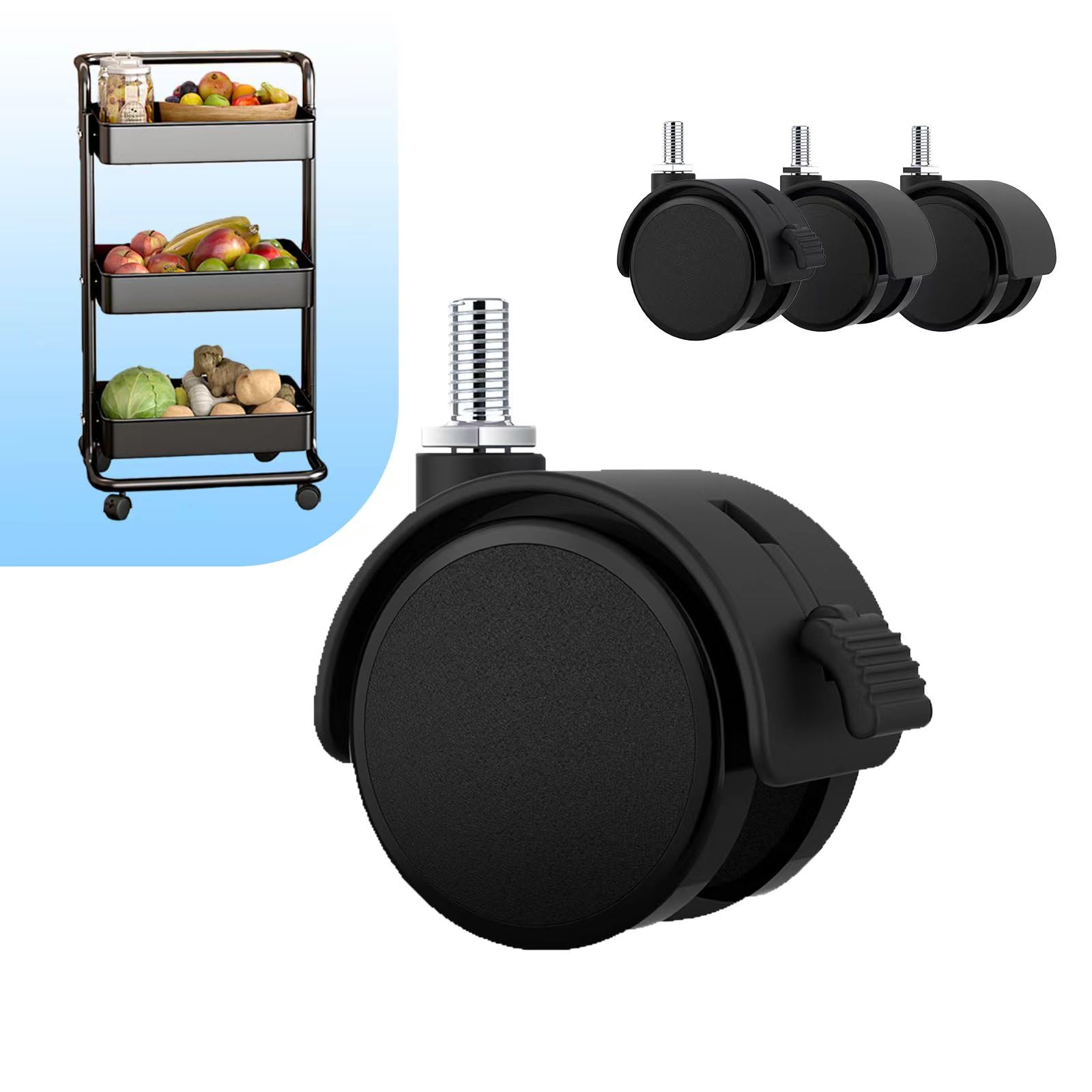 Replacement Wheels for Rolling Cart,Mute Rubber Rotating Rolling Wheels for Cart with Brake for Office Chair Game Chair,Rolling Cart Attachments 4PCS(Stem Diameter 1/4”), black