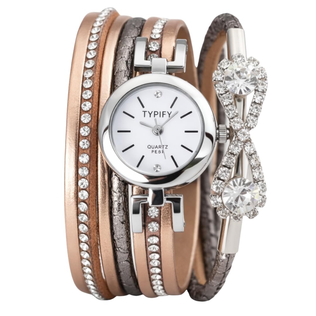 TYPIFY Women’s Bracelet Watch Collection | Premium Imported Analog Quartz Wristwatch with Multi-Layer PU Leather Strap & Crystal Bracelet Design | Stylish Fashion Watch for Women & Girls | Gift for Valentine & Special Occasions