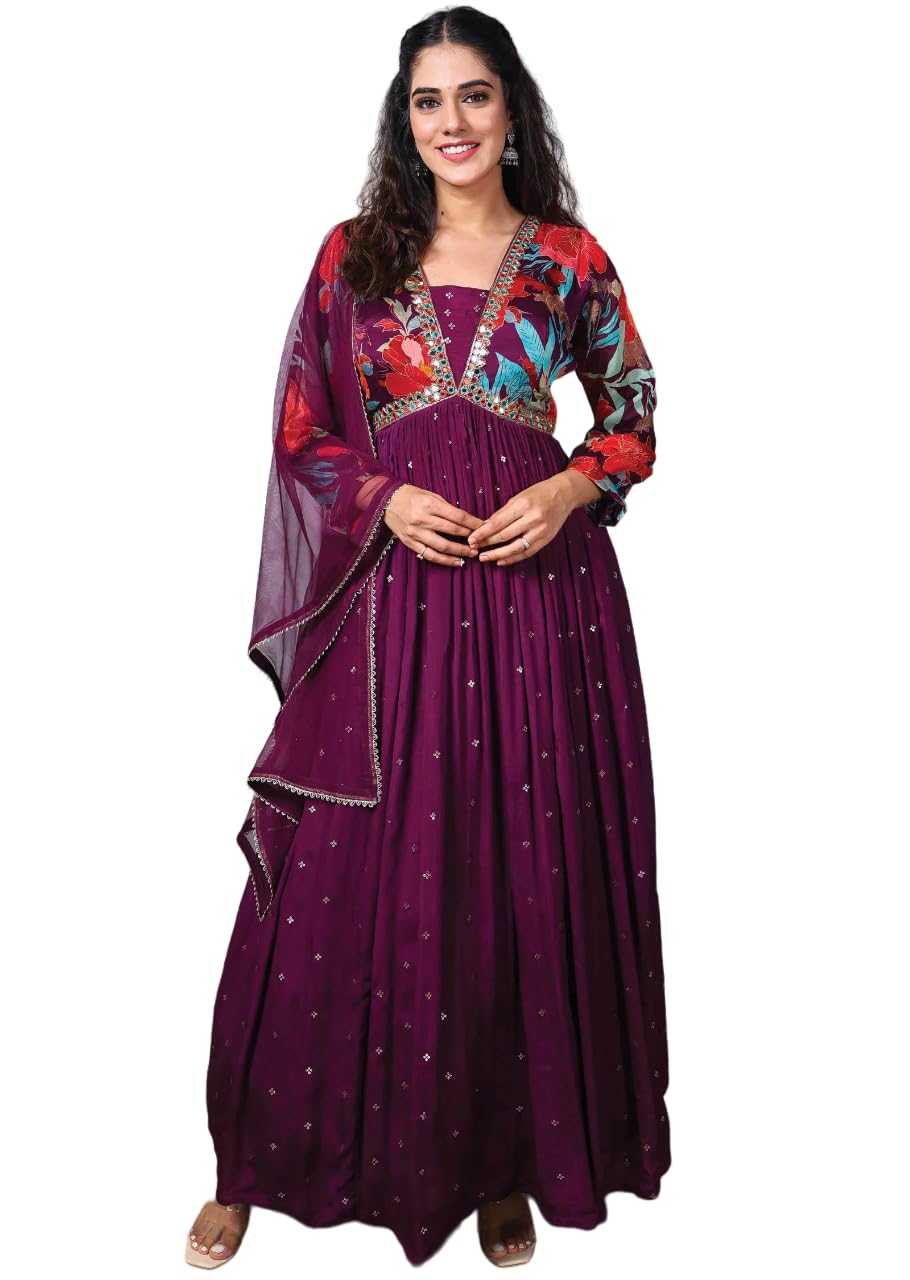 Xomantic Fashion Wine Chinnon Embroidered Alia Cut Anarkali Gown With Dupatta (Large, Wine)
