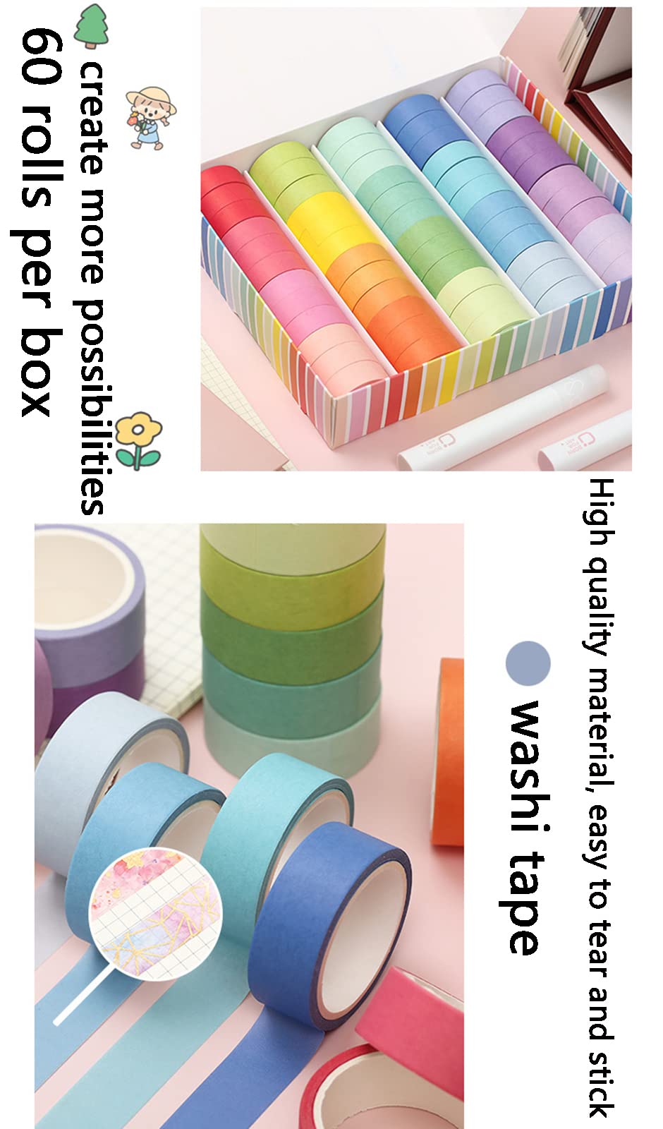 60 rolek taśma maskująca Washi zestaw o szerokości 15 mm, kolory Macaron ozdobne taśmy rzemieślnicze, do przyborów szkolnych DIY, pakowanie prezentów, czasopisma pocisków