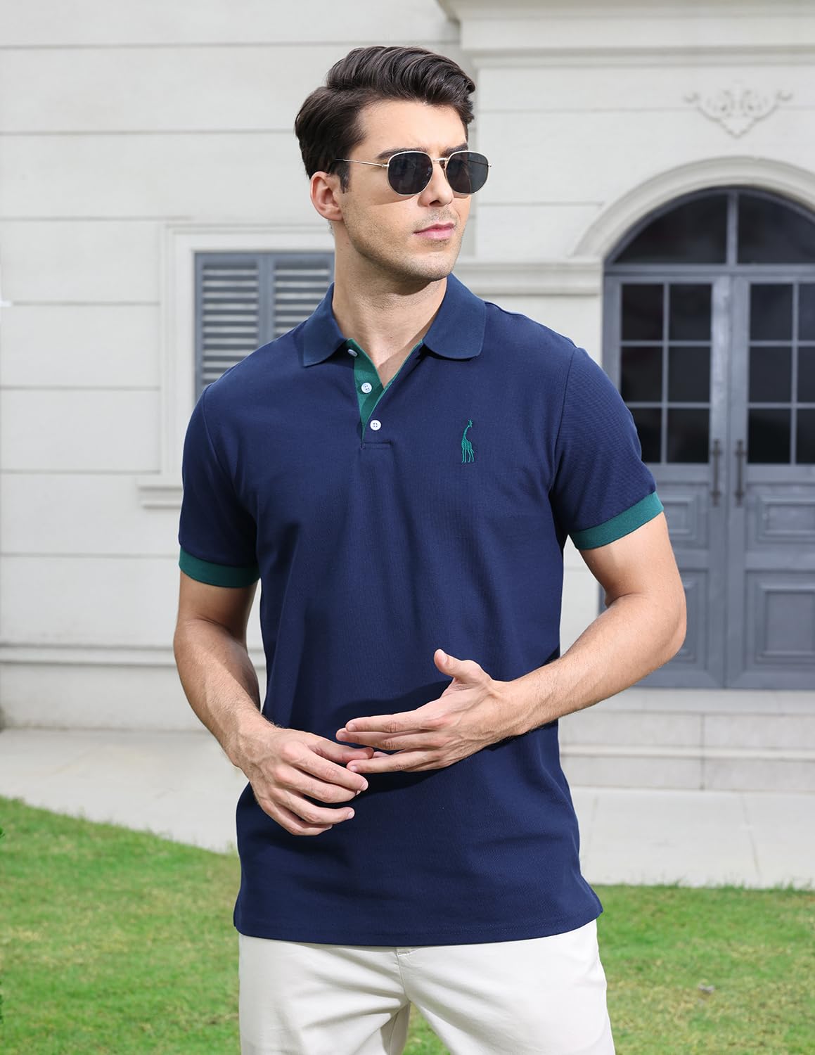 VMSUCIJ Polo Uomo Manica Corta in Cotone Giraffe Embroidery Classic Polo Neck Golf Shirt