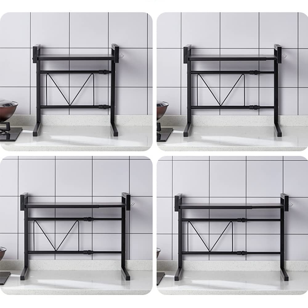 Supfine Étagère pour micro-ondes, extensible à 2 niveaux avec 3 crochets, étagère peu encombrante et organiseur, longueur extensible : 40 à 65 cm (noir)