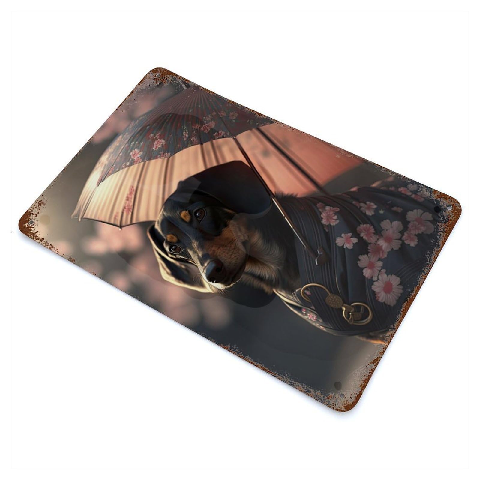 Dachshund Japanese Kimono Vintage Wall Sign 11.8"x7.9", Rust Effect Metal Decor for Bistro, Counter And Cafe Decor