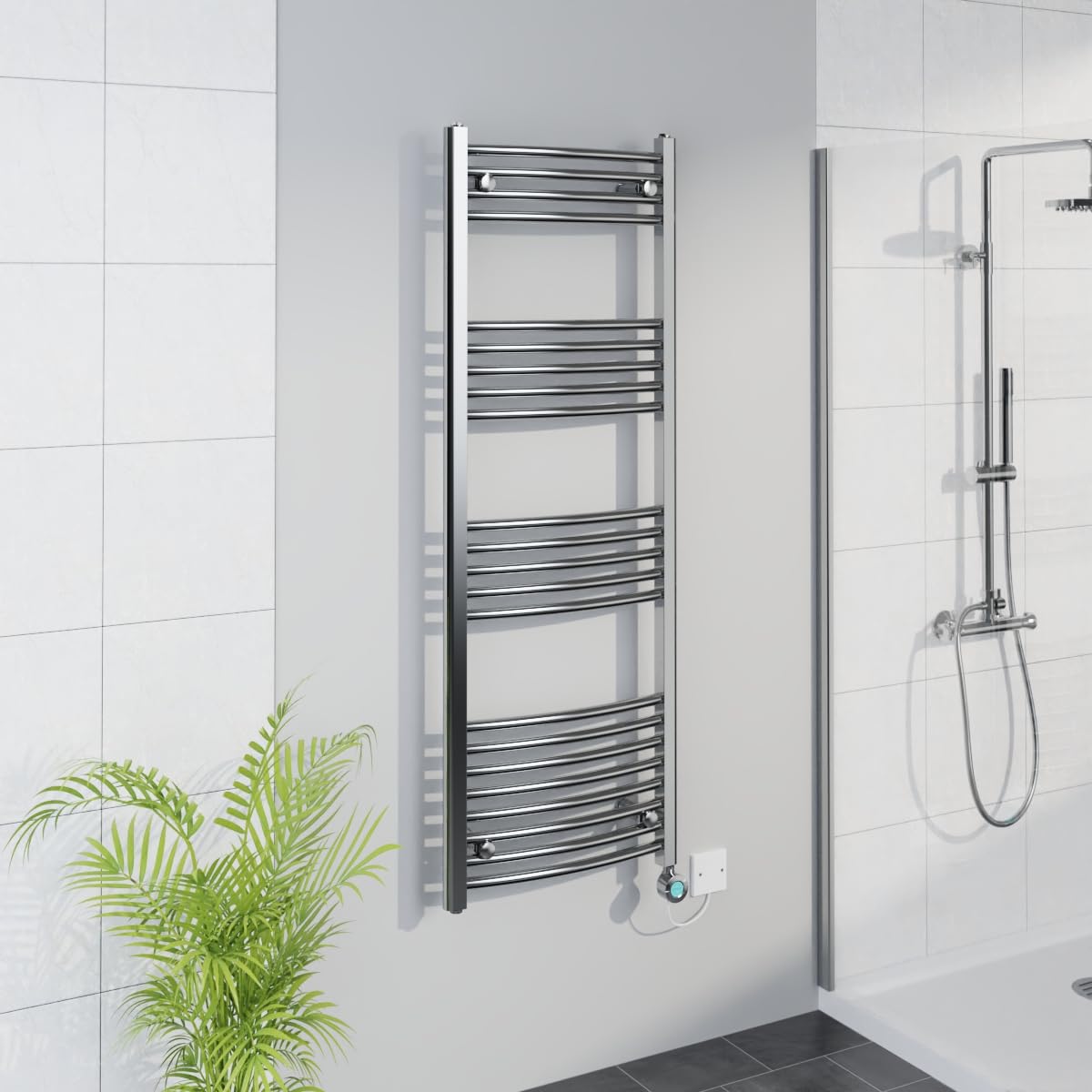 Warmehaus Smart WiFi Thermostatic Electric Bathroom Curved Heated Towel Rail Warmer Radiator with Timer 1400x500mm - Chrome