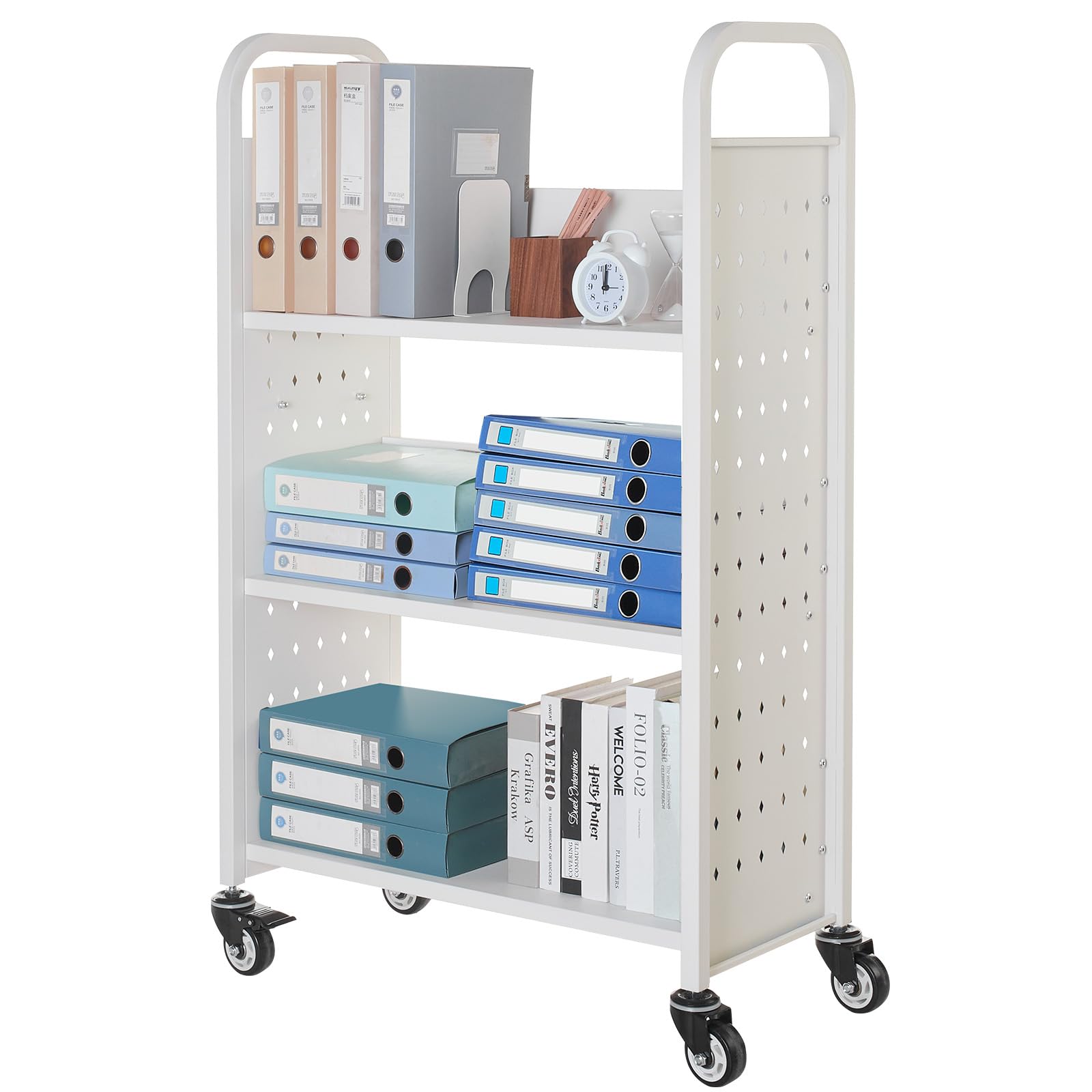 VEVOR Carrello Portalibri con Ruote 770 x 380 x 1220 mm Carrello Rotante Porta Libri, Carico 150 kg Ripiani a L Monofacciali con Ruote Bloccabili 7,6 cm per Scaffali di Casa, Ufficio e Scuola, Bianco