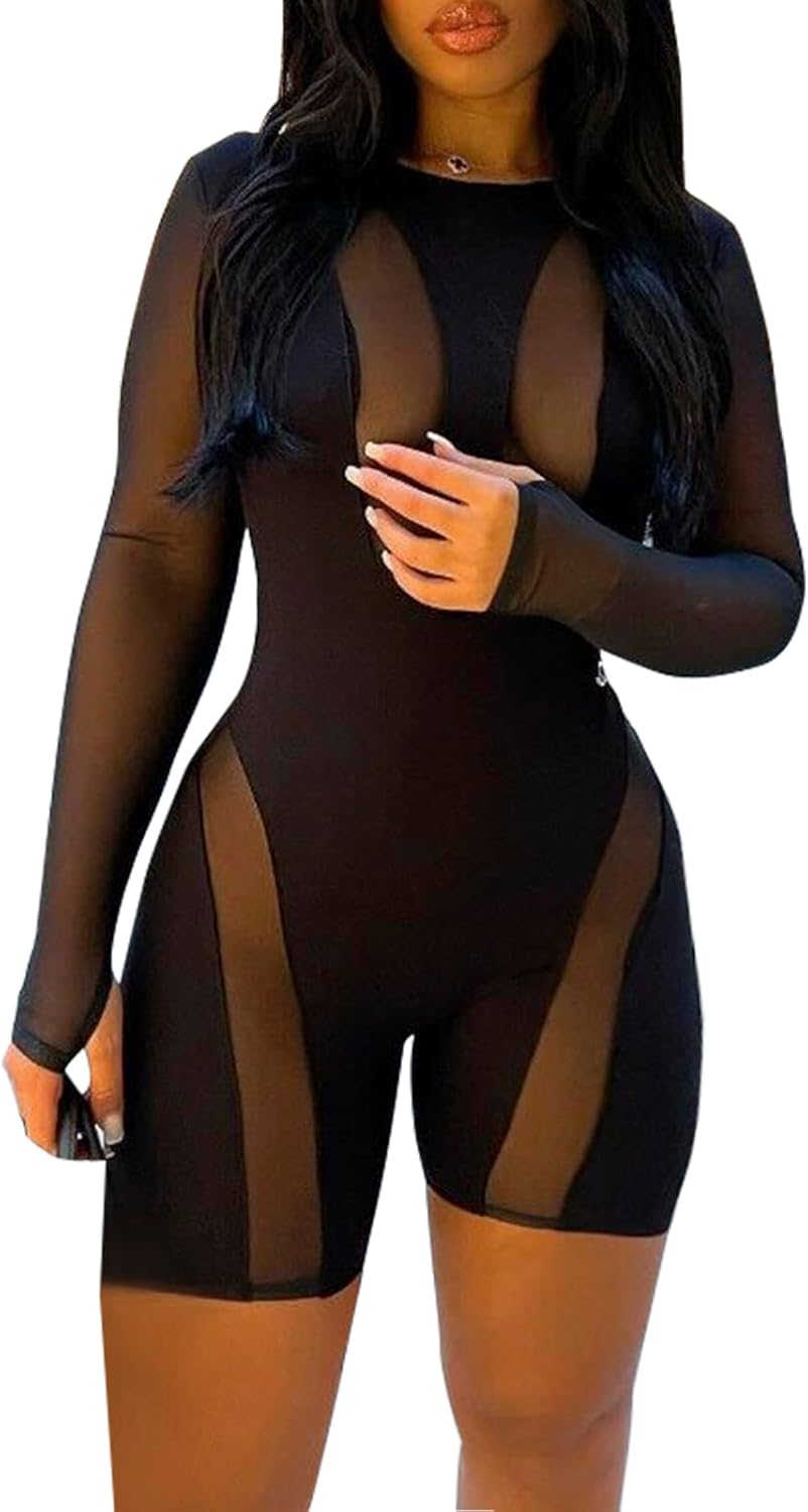magorange Women Sexy Mesh See Through Jumpsuits Long Sleeve Patchwork Shorts Bodycon Romper Club Outfits