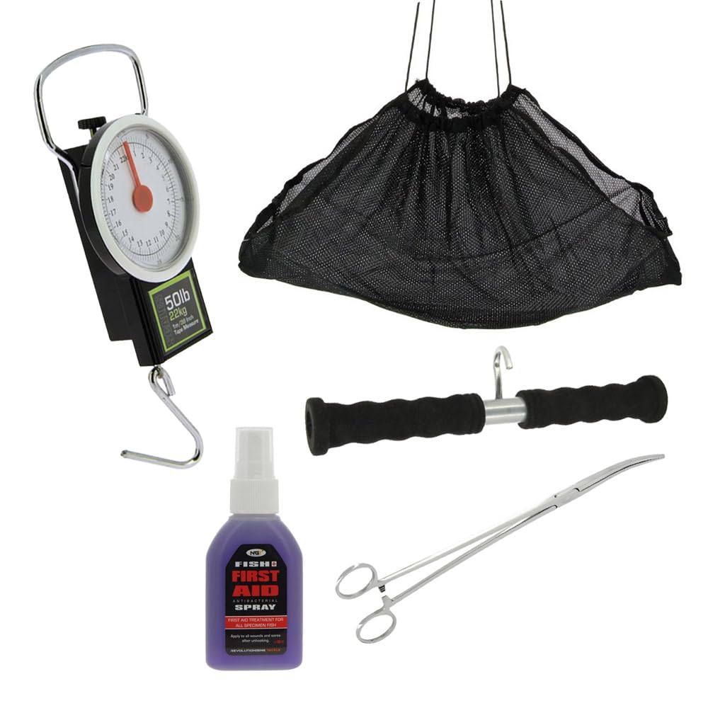 Set Waage mit Wiegenetz, Wiegegriff, antibakterielles Spray und Hakenlöser Carp Scale inklusive Wiegesack Mechanische Fischwaage karpfenwaage analog Carp Fishing