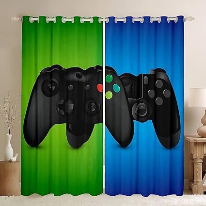 Green Blue Gamepad Blackout Curtains Child Kids Game Room Living Room Boys Gamepad Grommet Blackout Curtains Girls Vintage Video Game Controller Pattern Digital Bedroom 2 Panel Set,84Wx90L