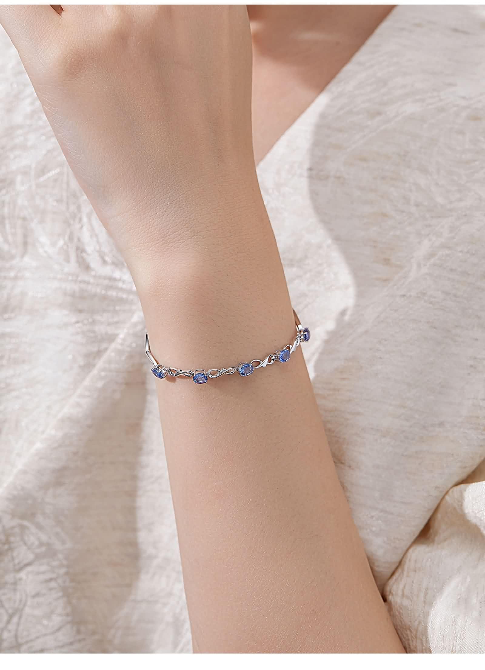 KnSam Pulsera para mujer de oro blanco de 18 quilates Au750, joyas de oro auténtico, zafiro, infinito, corte ovalado, azul, brazaletes de oro 750, 23 cm