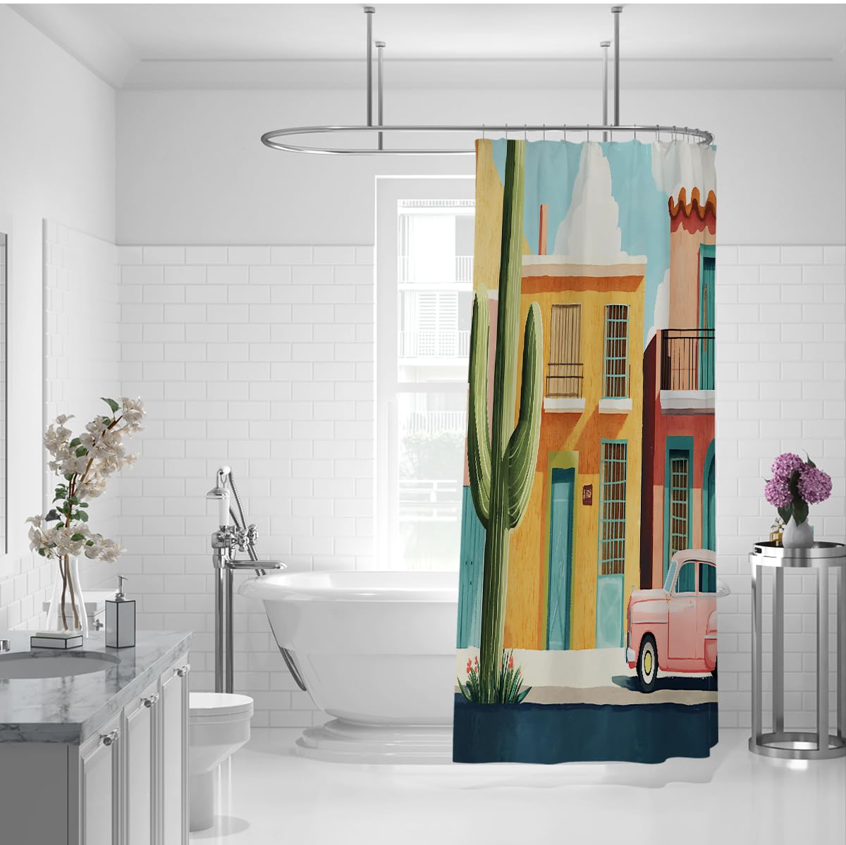 Exotischer Stil Duschvorhang Bunte Stadtlandschaft Badewannenvorhänge mit Haken Tropisches Kaktusmuster Stoffzubehör Badezimmerdekoration 200 x 200 cm