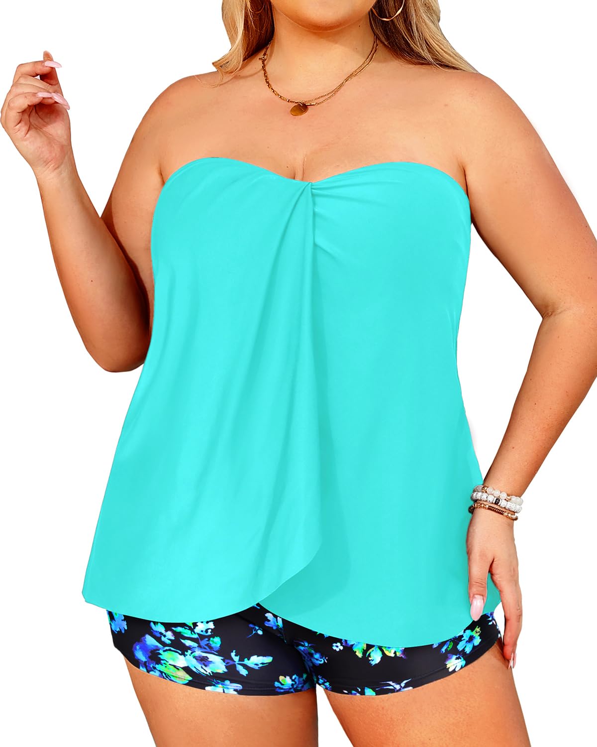Plus Size Bandeau Tankini 2 Piece Halter Swimsuit with Shorts