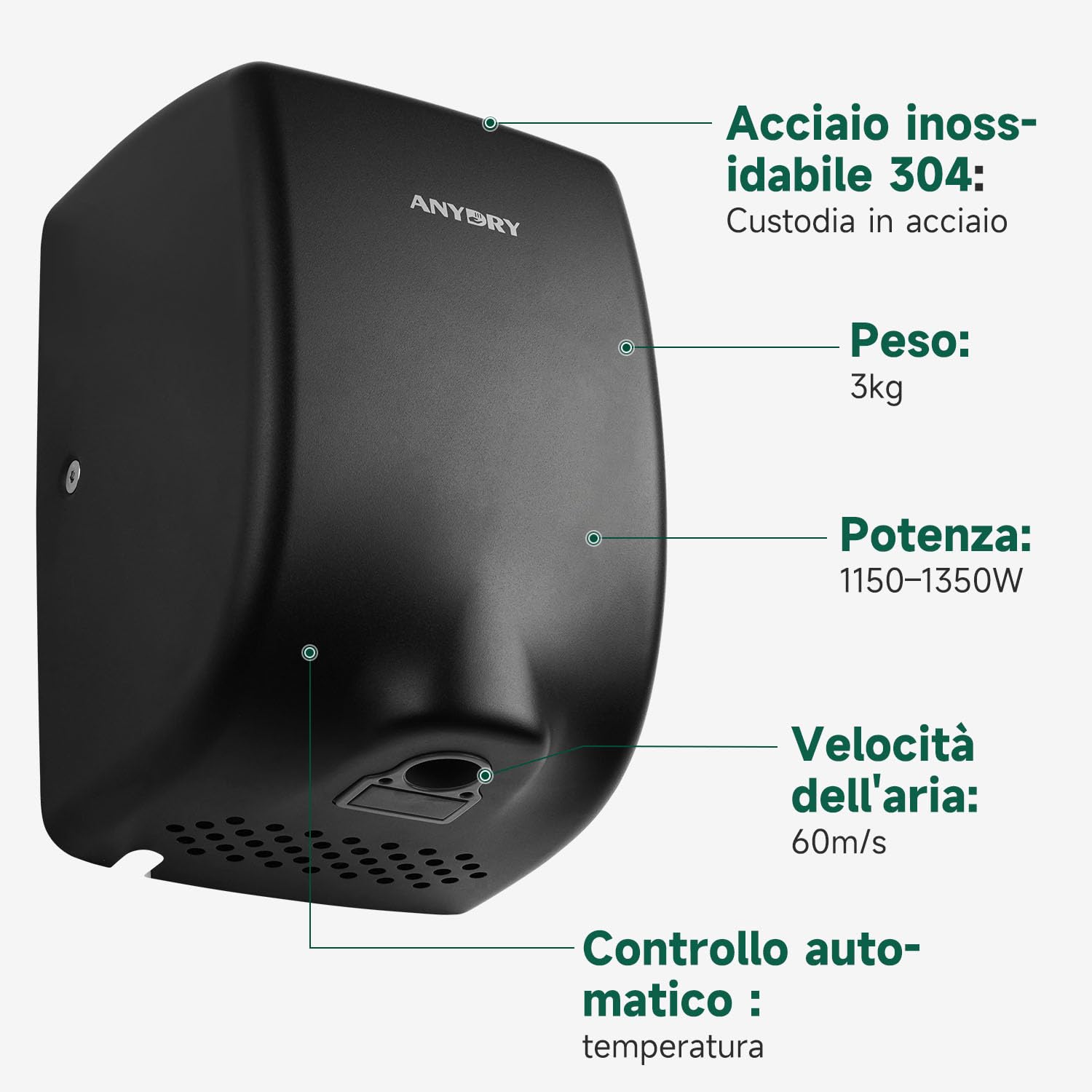 anydry Asciugamani 2803Y Mini, Flusso d'Aria ad Alta velocità 1350W, Finitura in Acciaio Inox Opaco, Compatto per Uso Domestico e Commerciale. (Opaco Nero)