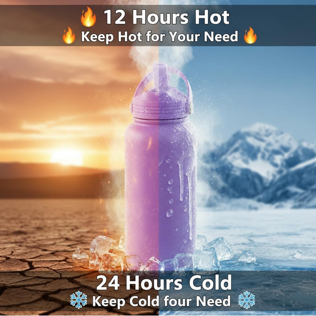 Purple 32 oz Insulated Water Bottle, Large Metal Stainless Steel Water Flask, Big Sports Travel Mens Water Bottle for Gym,Hiking,1 liters Leakproof Insulated Thermal Bottle with 2 Lids - Image 3