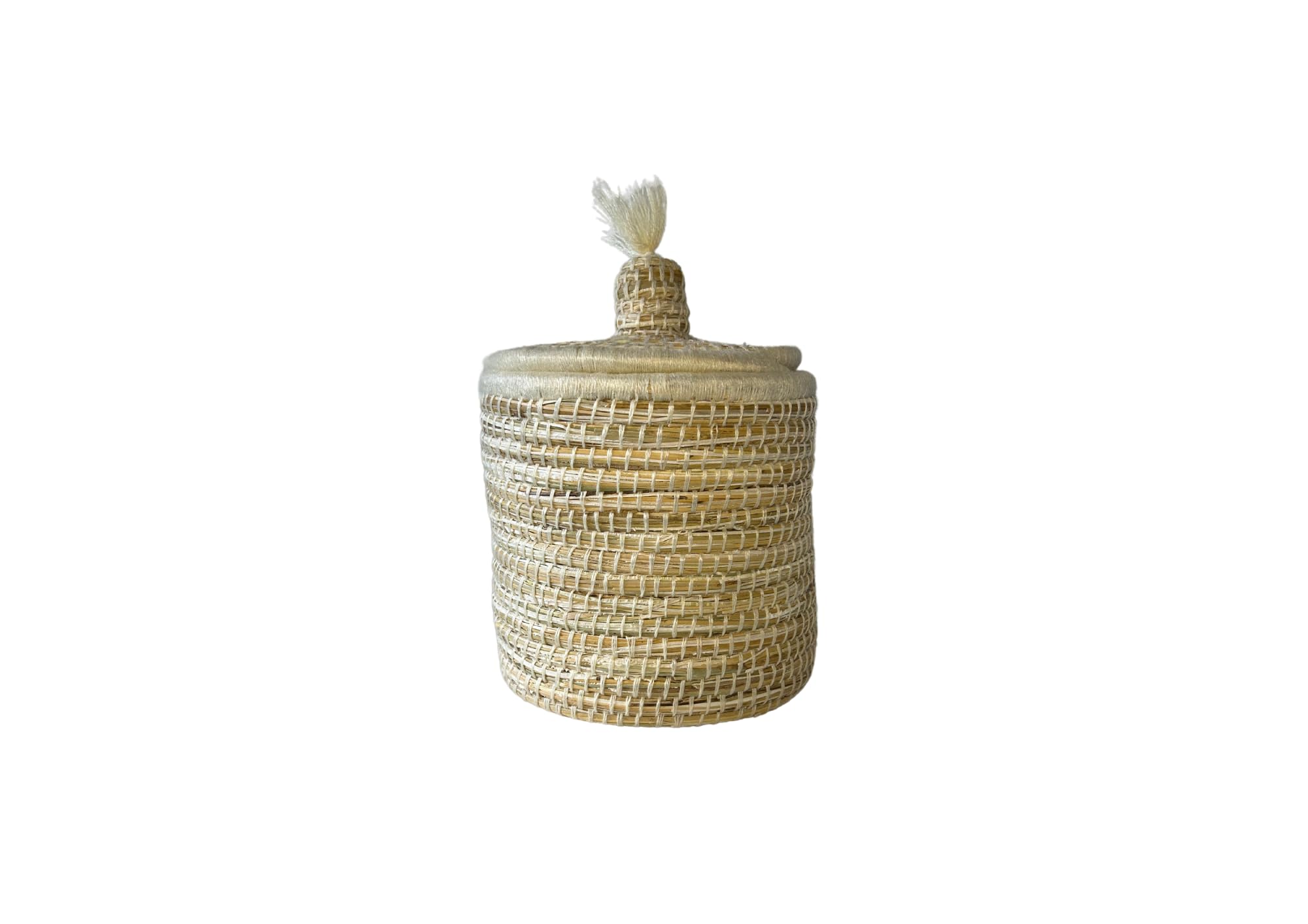 Cesta de almacenamiento marroquí decorativa hecha a mano en lana beige 20x25