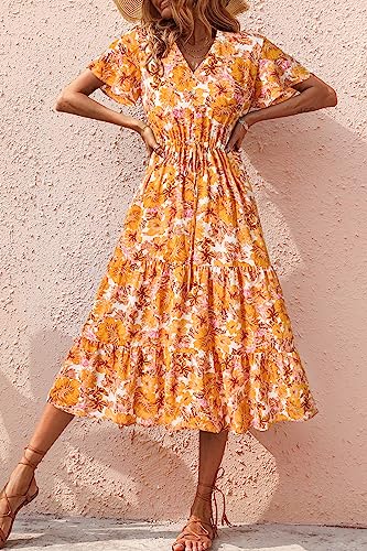 PRETTYGARDEN Summer Floral Dress for Women 2025 Casual Boho Short Sleeve Maxi Dresses V Neck Tiered Flowy Beach Sundress