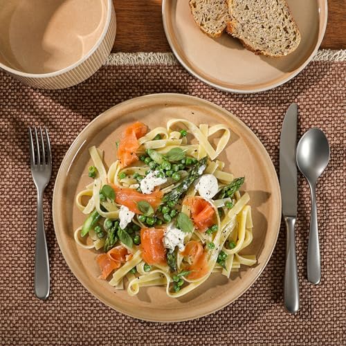 Image of Gibson Elite Solana Coast 12 Piece Stoneware Reactive Glaze (Service for 4) Ceramic Plates and Bowls Modern Shape Embossed Dinnerware Set - Terracotta Orange