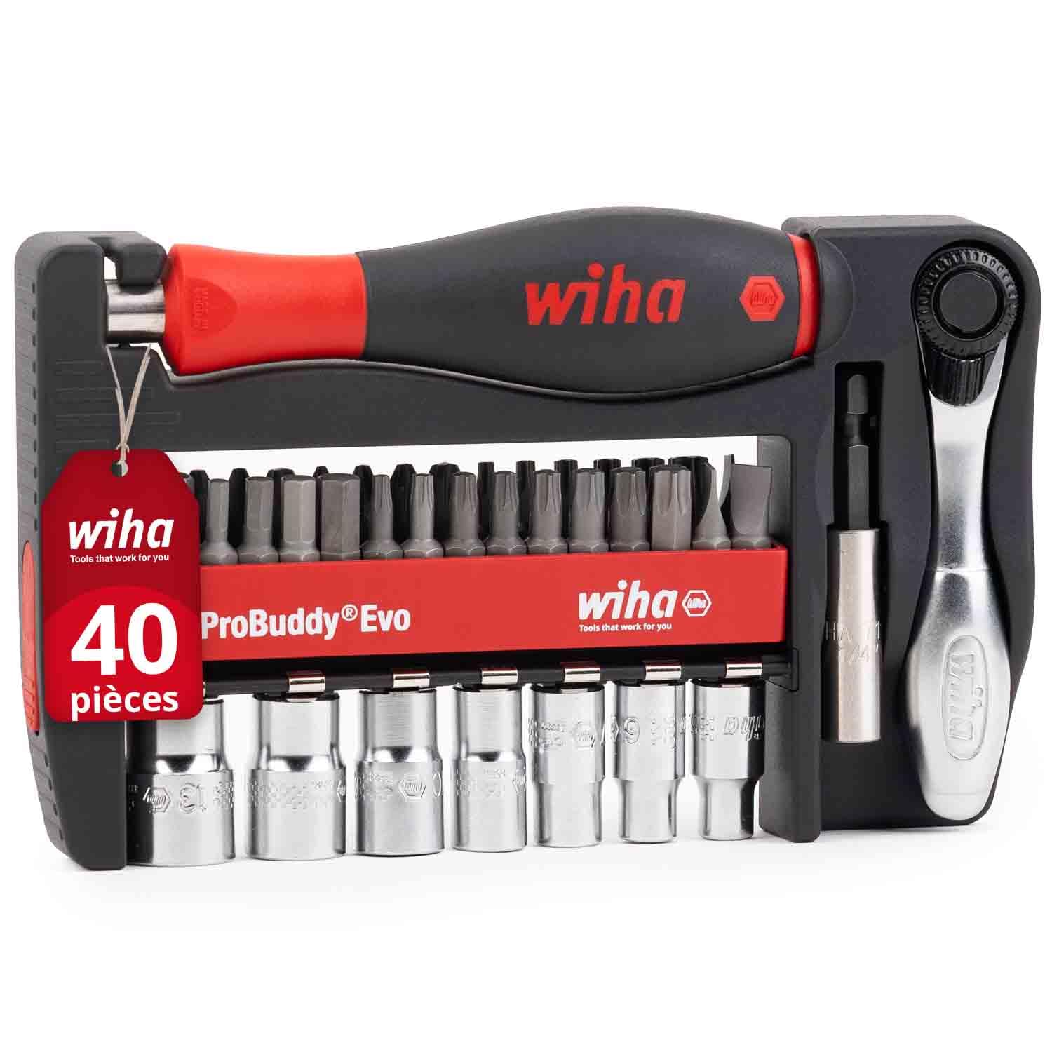 Wiha ProBuddy® Evo 40 pcs Bit & Socket Set 1/4" I Tool Set | (46960) Mini ratchet 72 teeth I magnetic bit holder I compact tool set for pros, DIYers & cyclists