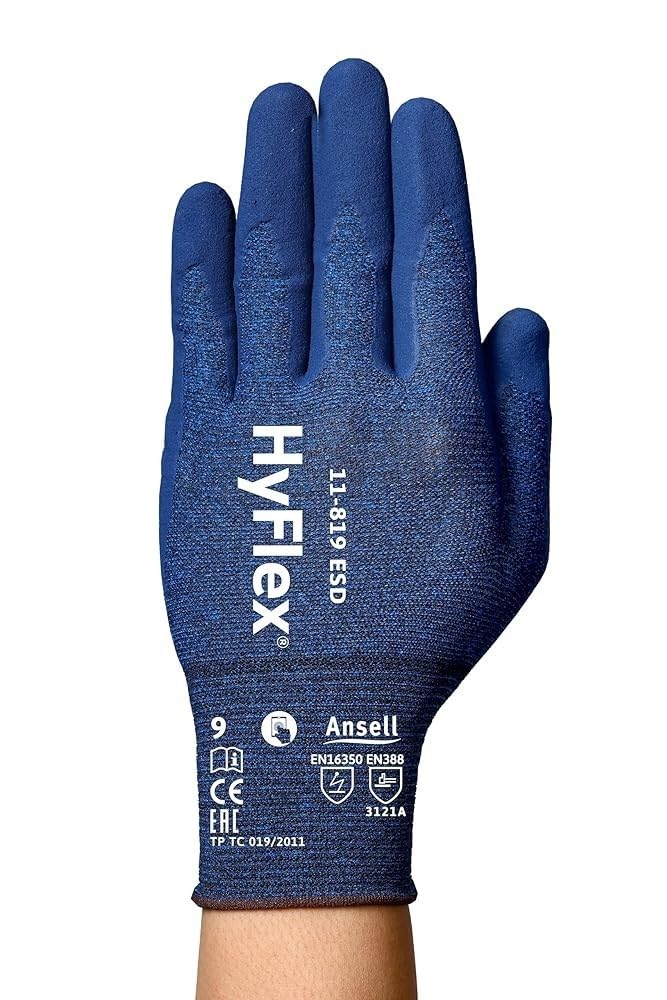 Ansell Hyflex 11-819 Profesjonalne rękawice robocze, ochrona przemysłowe ryzyko mechaniczne, majsterkowanie, ogrodnictwo, obsługa, montaż, kobiety, niebieski, rozmiar L (12 par)