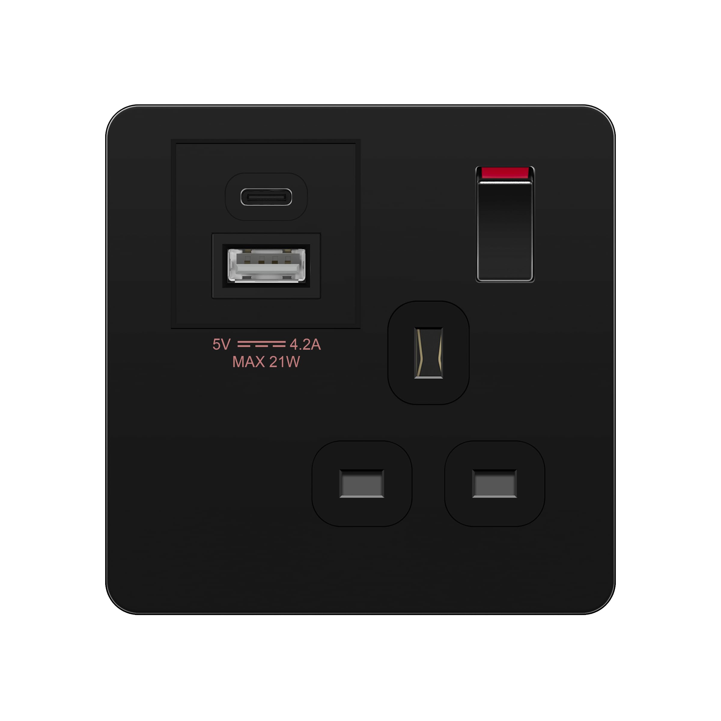 LIDER 1-Gang Switched 13A Socket with 20W USB-A & C Charger, Screwless Faceplate, Combined 5V/4.2A (20W) Output, UKCA Certified, Child-Proof Shutter, Glossy Finish, Black (Use 35mm-deep back box)
