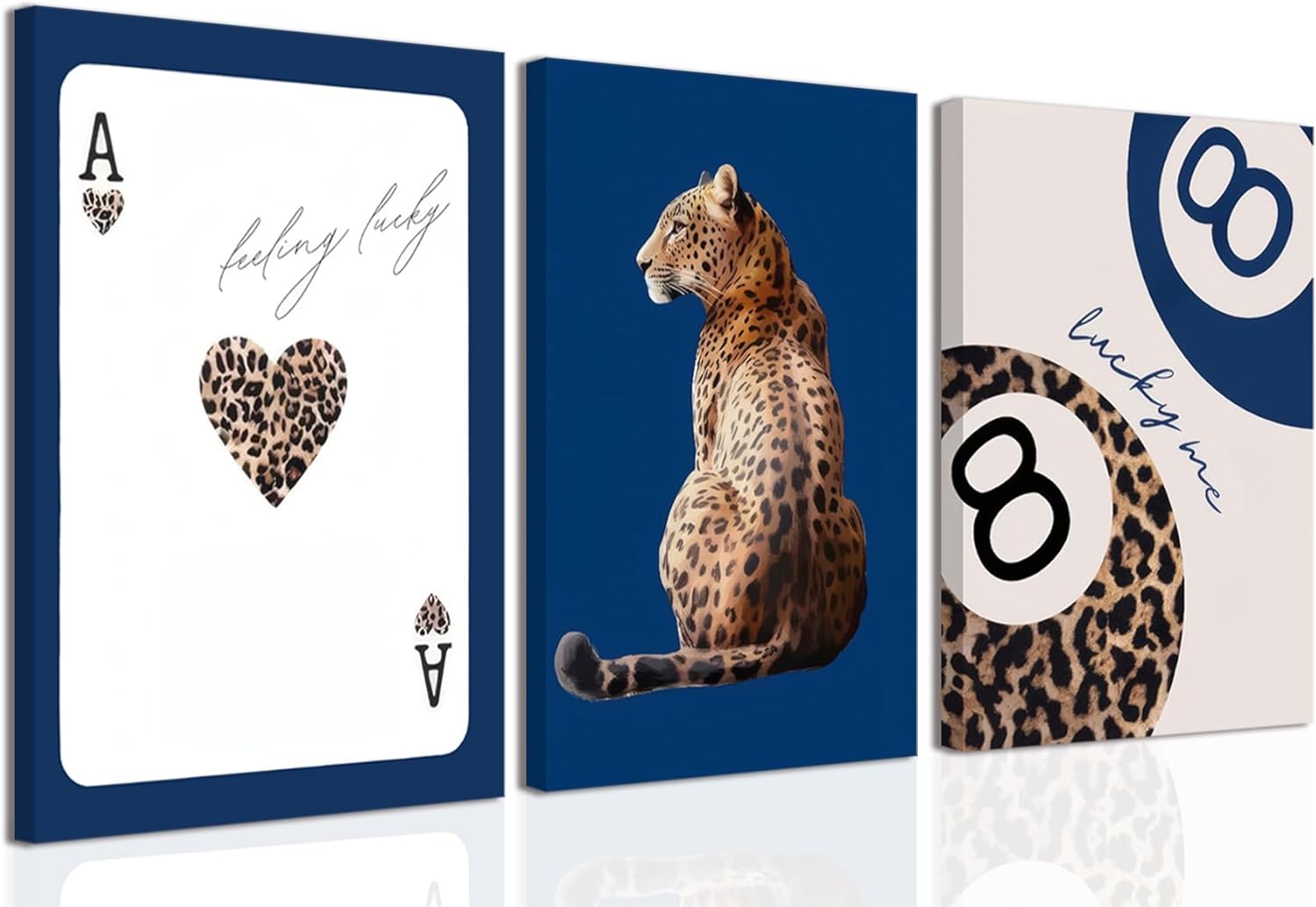 Navy Blue Leopard Canvas Wall Art Set of 3 Cheetah Animal Prints Posters Wall decor Trendy 8 Ball Lucky Me Pictures Aesthetics Artwork for Dormitory Apartment Bedroom Decoration 16x24 Inch Framed