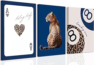 Navy Blue Leopard Canvas Wall Art Set of 3 Cheetah Animal Prints Posters Wall decor Trendy 8 Ball Lucky Me Pictures Aesthetics Artwork for Dormitory Apartment Bedroom Decoration 12x16 Inch Framed