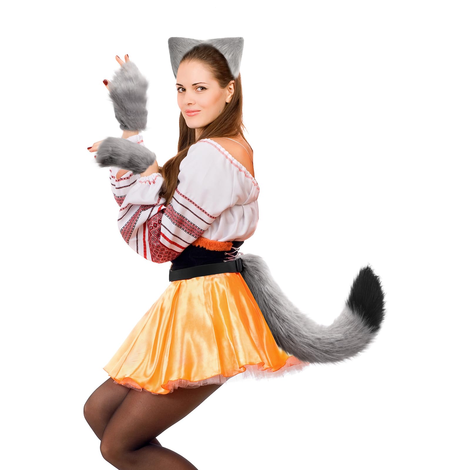 DRESHOW Orecchie e Coda da Lupo Guanti da Lupo Set Costume da Festa Cosplay Coda Super Enorme e Soffice per Donna