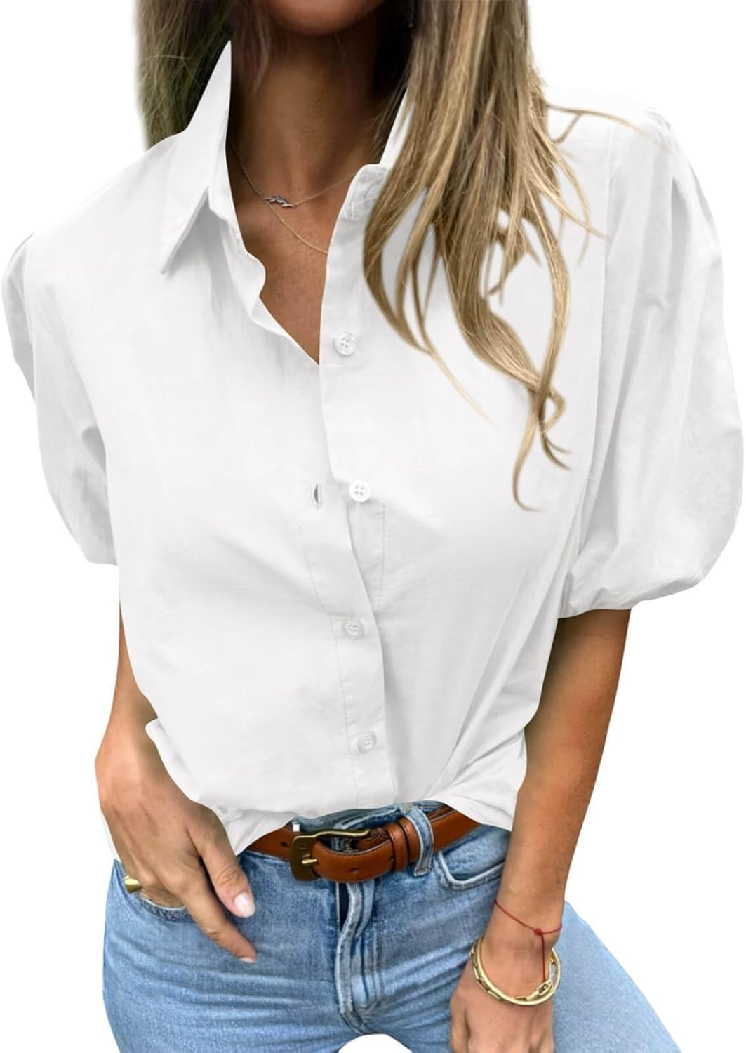 LAYOGAS Womens Short Puff Sleeve Tops V Neck Collared Button Down Shirt Dressy Casual Blouse T Shirt - Image 2
