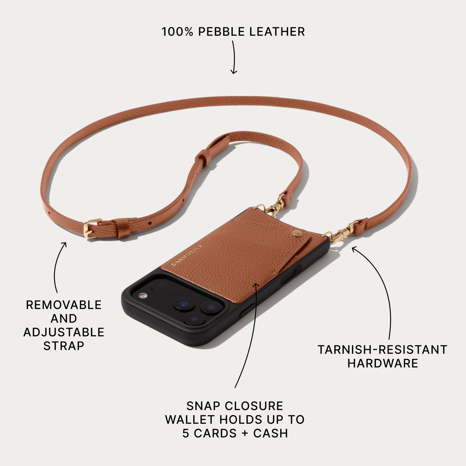 Bandolier Emma Crossbody Wallet Phone Case for iPhone 17 Pro Max. 100% Genuine Pebble Leather. Adjustable & Removable Crossbody Strap. Card Holder with Snap Closure. Sienna with Gold Hardware - Image 9
