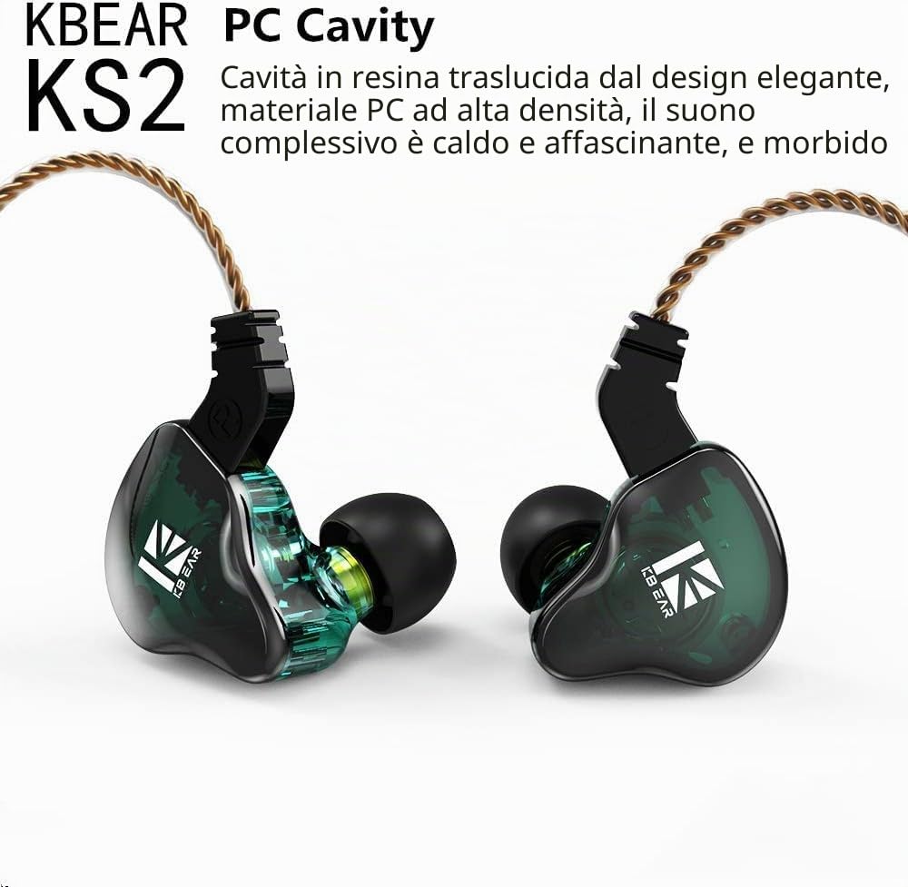 Yinyoo KBEAR KS2 IEM 1BA 1DD Stereo in Ear Headphone, HiFi Over Earbud Cuffie auricolari con cancellazione del rumore e cavo rimovibile per la corsa…