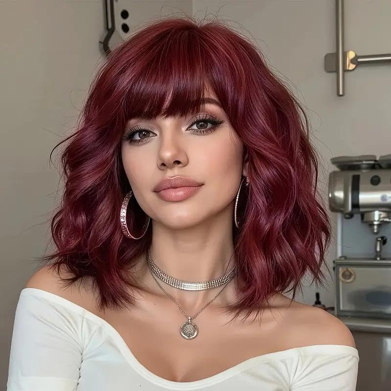 Image of AISI HAIR Purplish Red Synthetic Wavy Curly Bob Wig with Bangs Short Wavy Hair for Women Synthetic Heat Resistant Bob Wigs
