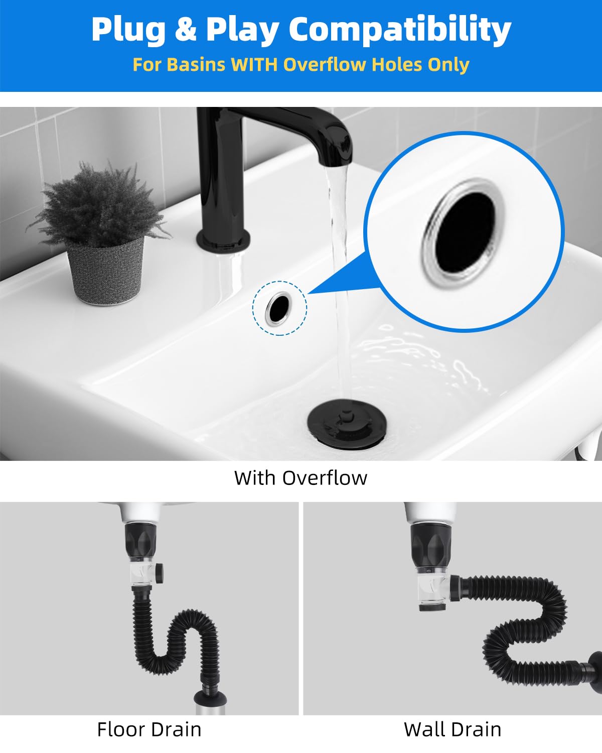 Hibbent Sink Waste Kit, Universal Pop Up Click Clack Basin Waste with Flexible Waste Pipe - Image 3