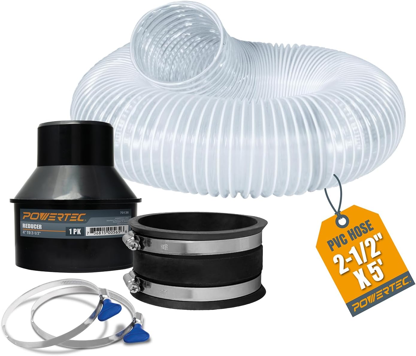 POWERTEC 70493 2-1/2" x 5' PVC Dust Collection Hose w/ 2pcs Stainless Steel Key Hose Clamps, 4" to 2-1/2" Reducer and 4" Dust Control Flex Cuff, for Table Saw, Band Saw, Router Table, Woodworking