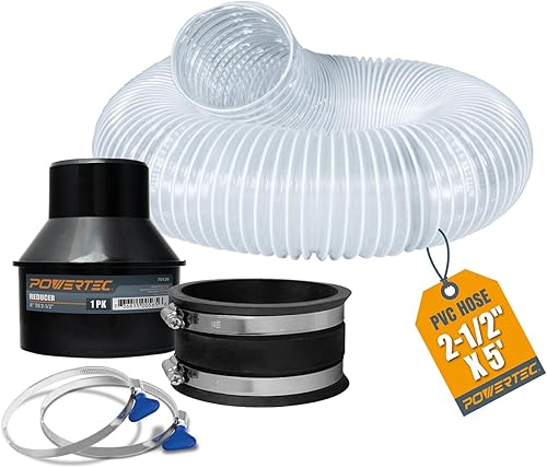 POWERTEC 70493 Manguera de recogida de polvo de PVC de 2-1/2 pulgadas x 5 pies con 2 abrazaderas de manguera de llave de acero inoxidable, reductor