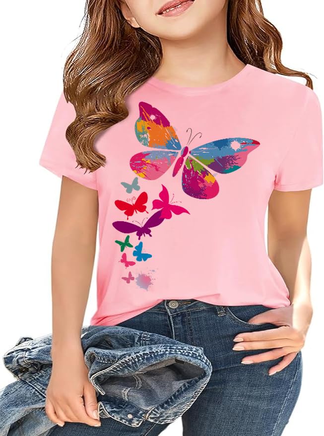 Girls Butterfly Graphic T-Shirt, Cotton Blend, Pink, Ages 4-13 Years, Sizes 4-18