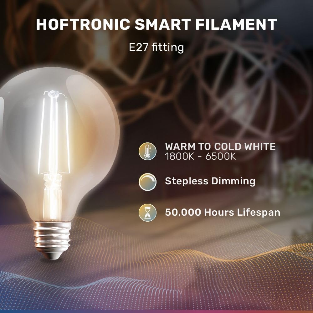HOFTRONIC - 3er Smart Filament LED Lampe E27 Globe - G95 - WiFi & Bluetooth (seamless connect) Glühbirne - 7W 806lm - 1800(warmweiß)-6500K(Kaltweiß) - kompatibel mit Alexa & Google