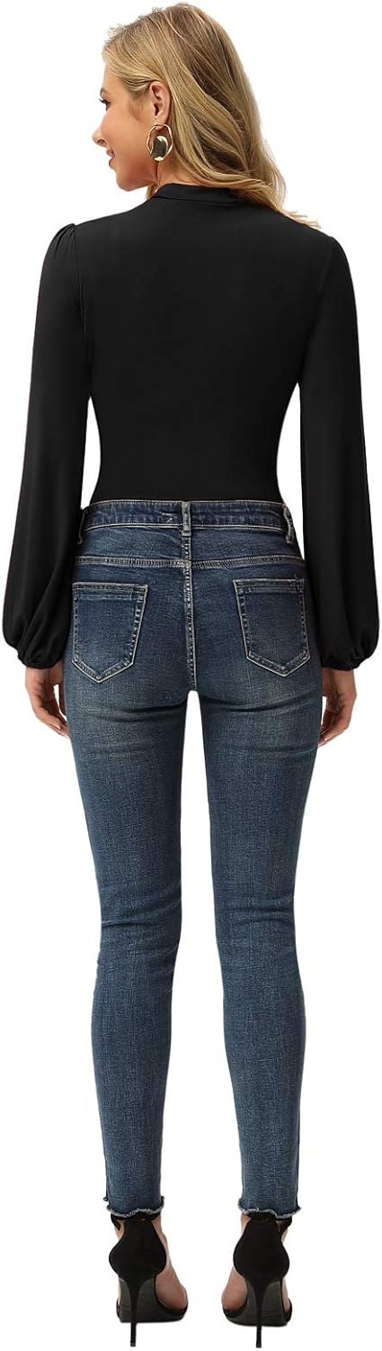 GRACE KARIN Womens Long Lantern Sleeve High-Neck Ruched Front Fitted Blouse - Image 4