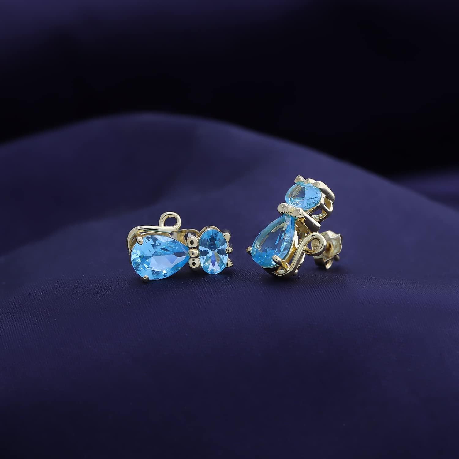 Cat Stud Earrings for Women, Pear & Oval Cut Simulated Birthstone in 14K Gold Over Sterling Silver, Push Back Dainty Animal Pet Jewelry Gift for Her