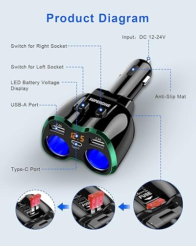 Miniatura 2 de SUPERONE - Cargador de coche USB C, 2 enchufes para encendedor de cigarrillos, divisor de encendedor de cigarrillos, 1224 V, 80 W, adaptador USB