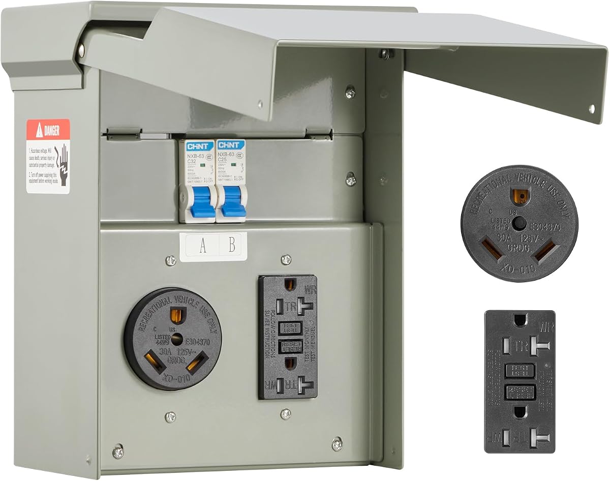 VEVOR Panel de toma de corriente temporal, caja de interruptores eléctricos para RV con circuito de receptáculo GFCI precableado de 30 A y 20 A, panel eléctrico RV resistente a la intemperie para conexión de RV, camper, remolque de viaje, autocaravana | Caja de tomacorriente eléctrica resistente a la intemperie, con receptáculo GFCI precableado de 30 amperios y 20 amperios para autocaravana, remolque de viaje, certificación ETL