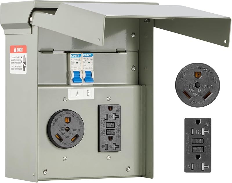VEVOR Panel de toma de corriente temporal, caja de interruptores eléctricos para RV con circuito de receptáculo GFCI precableado de 30 A y 20 A, panel eléctrico RV resistente a la intemperie para conexión de RV, camper, remolque de viaje, autocaravana | Caja de tomacorriente eléctrica resistente a la intemperie, con receptáculo GFCI precableado de 30 amperios y 20 amperios para autocaravana, remolque de viaje, certificación ETL