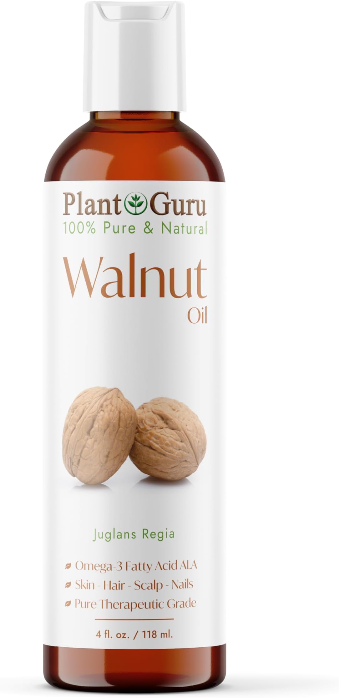 Plant Guru Walnut Oil 4 fl. oz. - Cold Pressed 100% Pure Natural - Skin, Body, Face, and Hair Growth Moisturizer. Great For Creams, Lotions, Lip balm and Soap Making