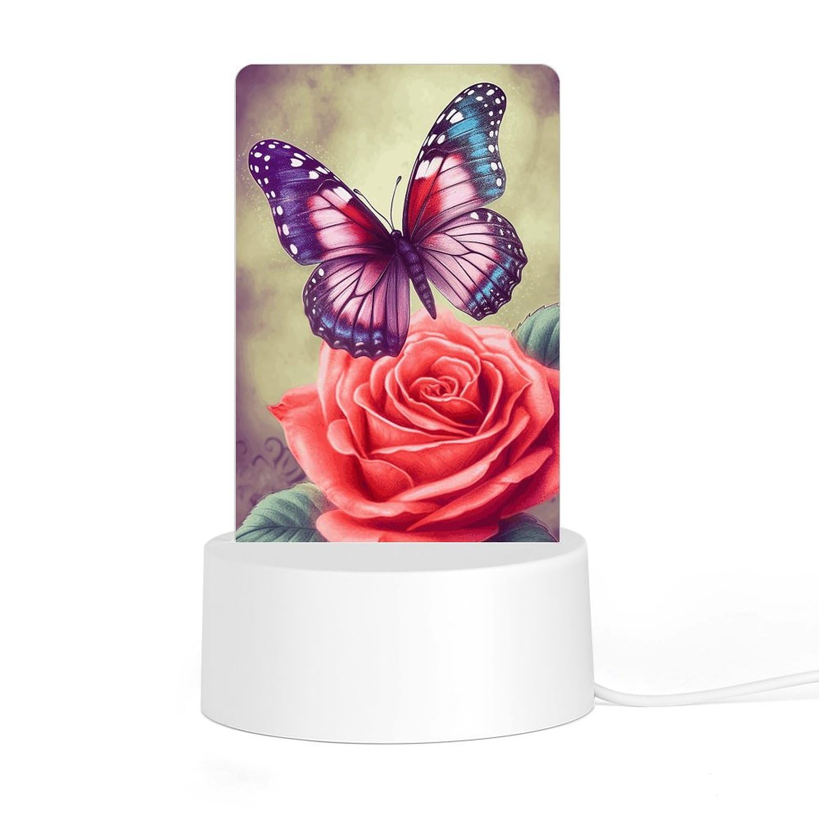 JTREHY Acrylic Night Light with Base, Butterfly and Rose Printed Desktop Night Light LED Bedside Night Light for Bedroom, Bathroom, Corridor, Holiday Gift
