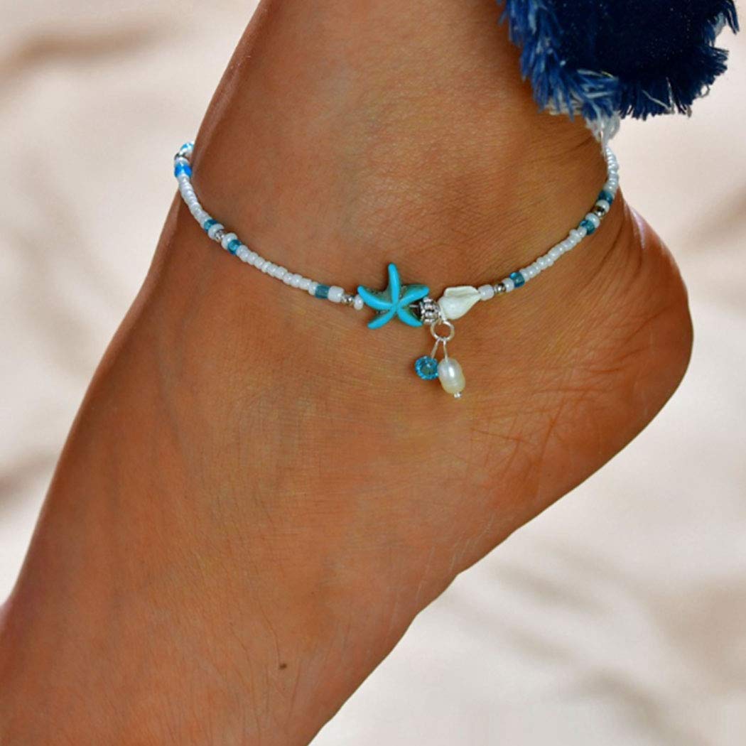 oOutyua Starfish Adjustable Anklet Bracelet Turquoise Natural Conch Beaded Ankle Chain Blue Beach Foot Jewelry for Women and Girls
